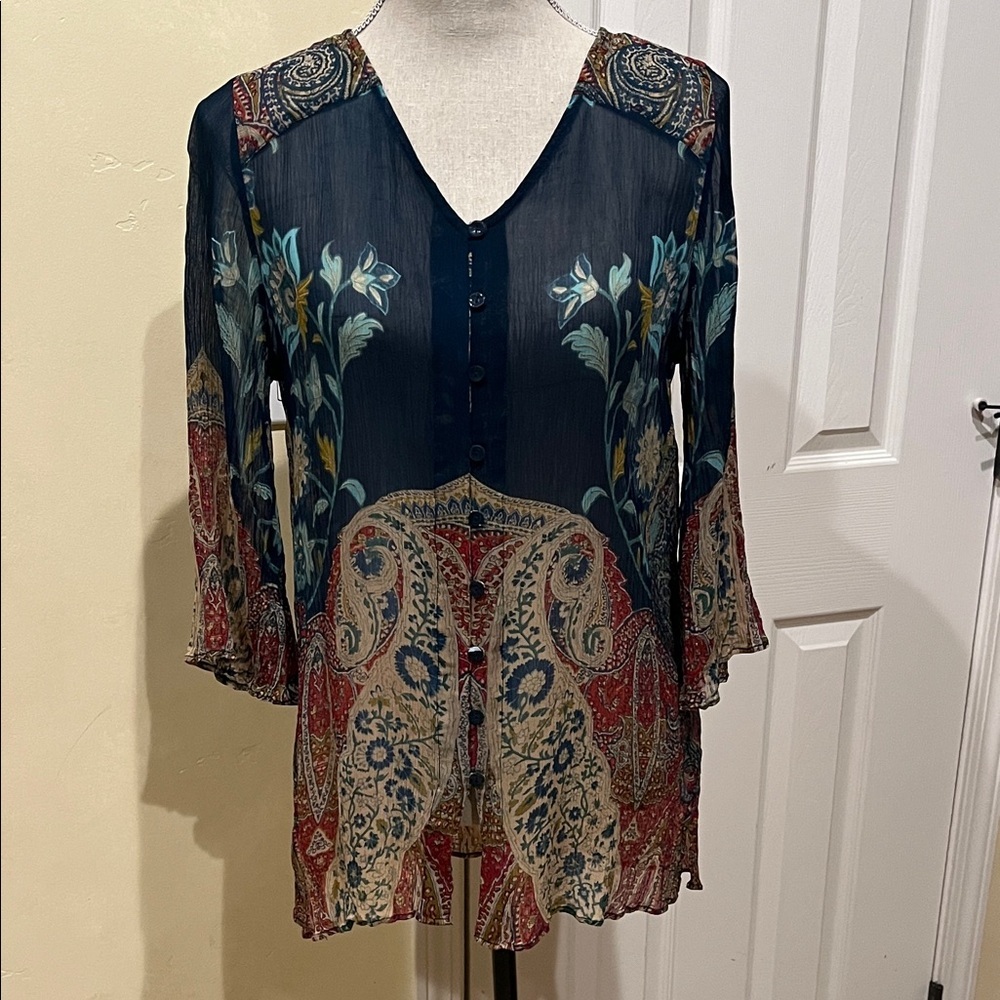 Soft Surroundings Navy and Paisley Tunic Blouse